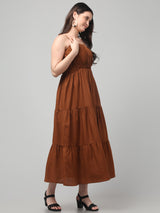 Brown Flared Shoulder Strap Maxi Dress