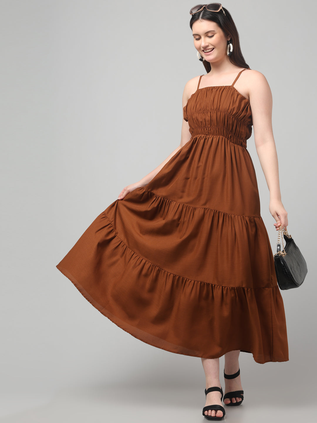 Brown Flared Shoulder Strap Maxi Dress