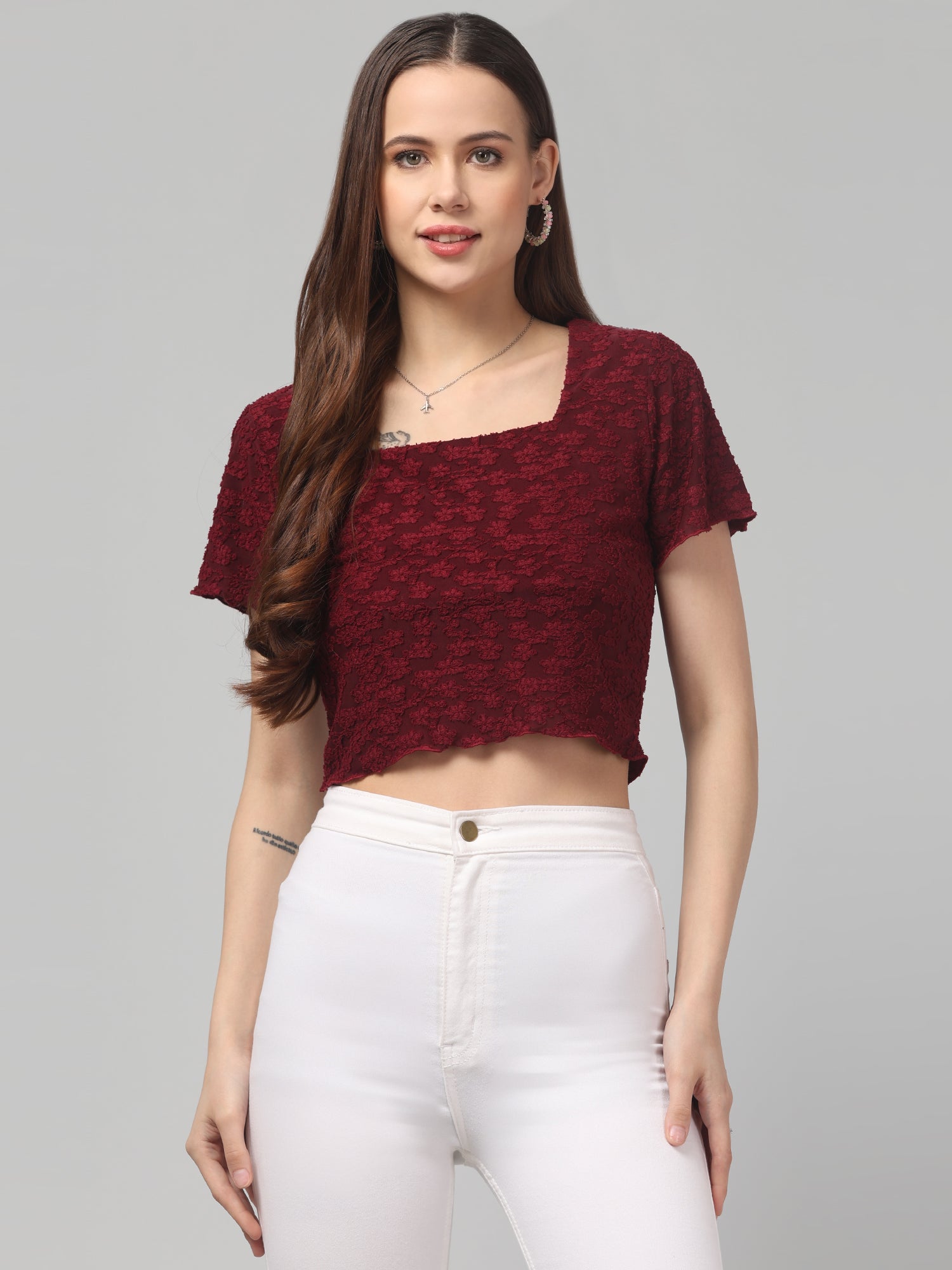 Maroon Self Design Crop Top