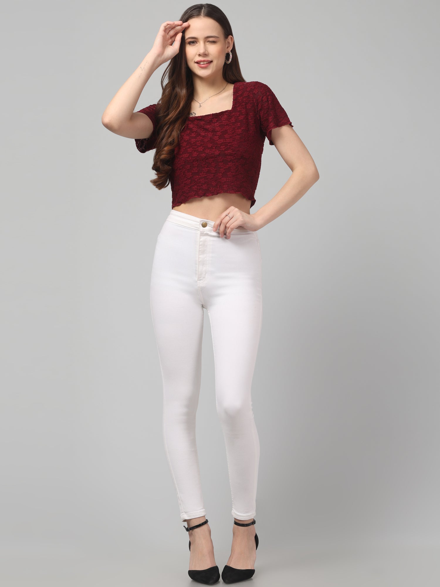 Maroon Self Design Crop Top