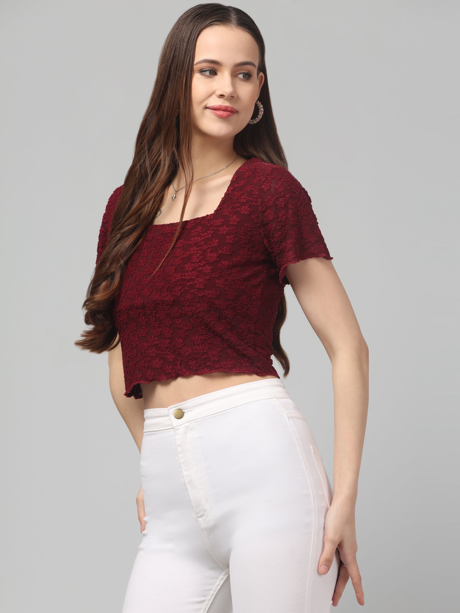 Maroon Self Design Crop Top