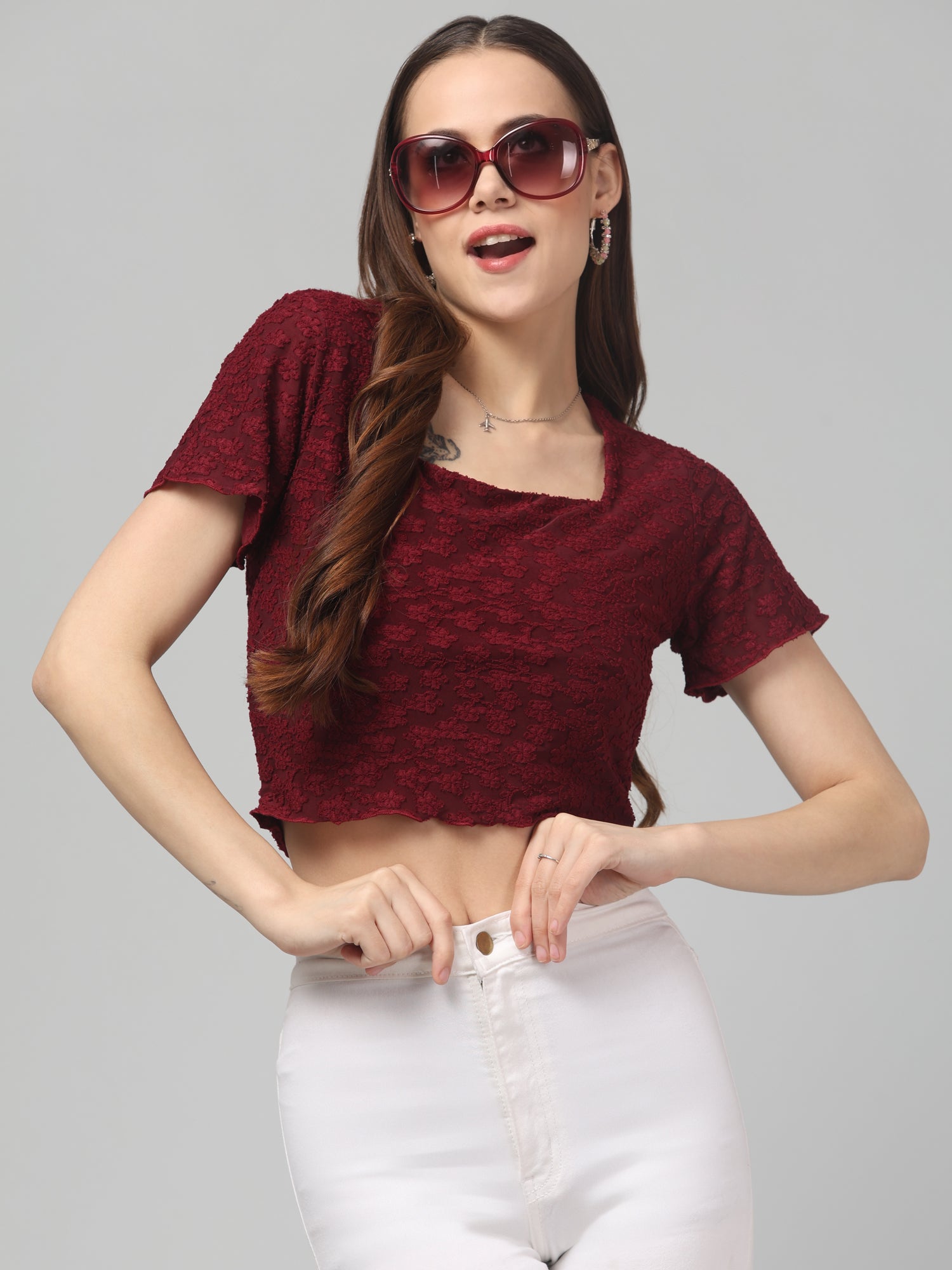 Maroon Self Design Crop Top