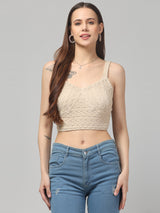 Beige Self Design Crop Top