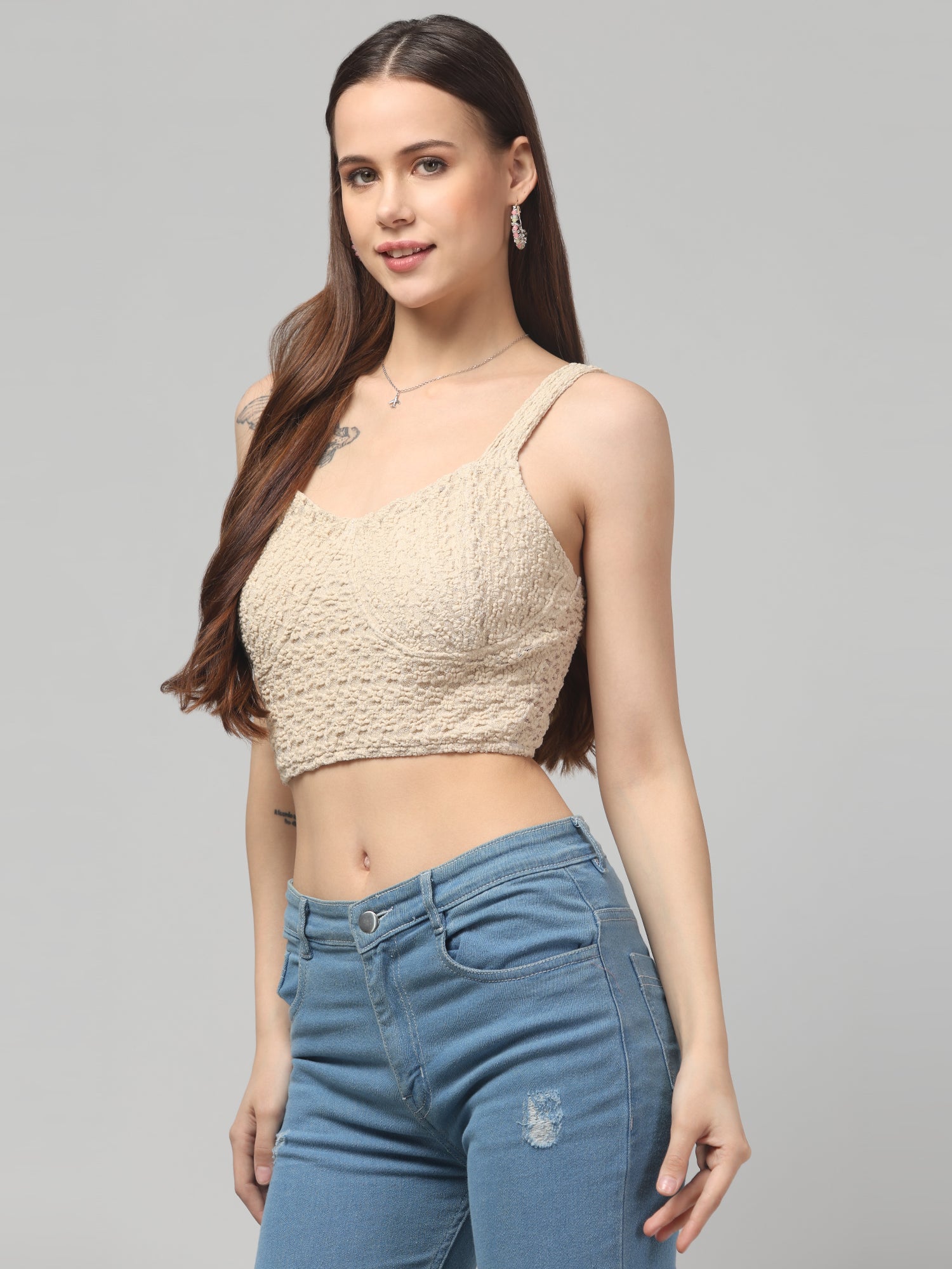 Beige Self Design Crop Top