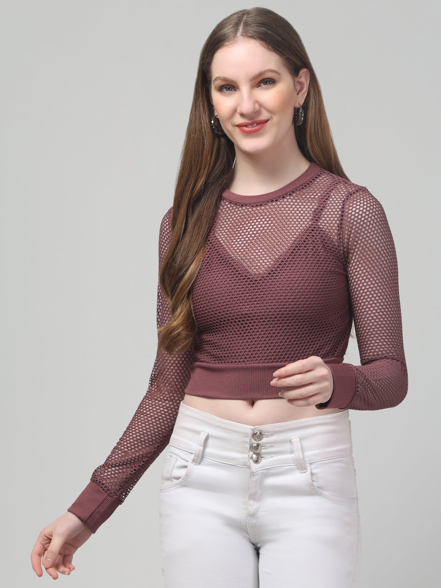 Mauve Full Sleeve Net Top