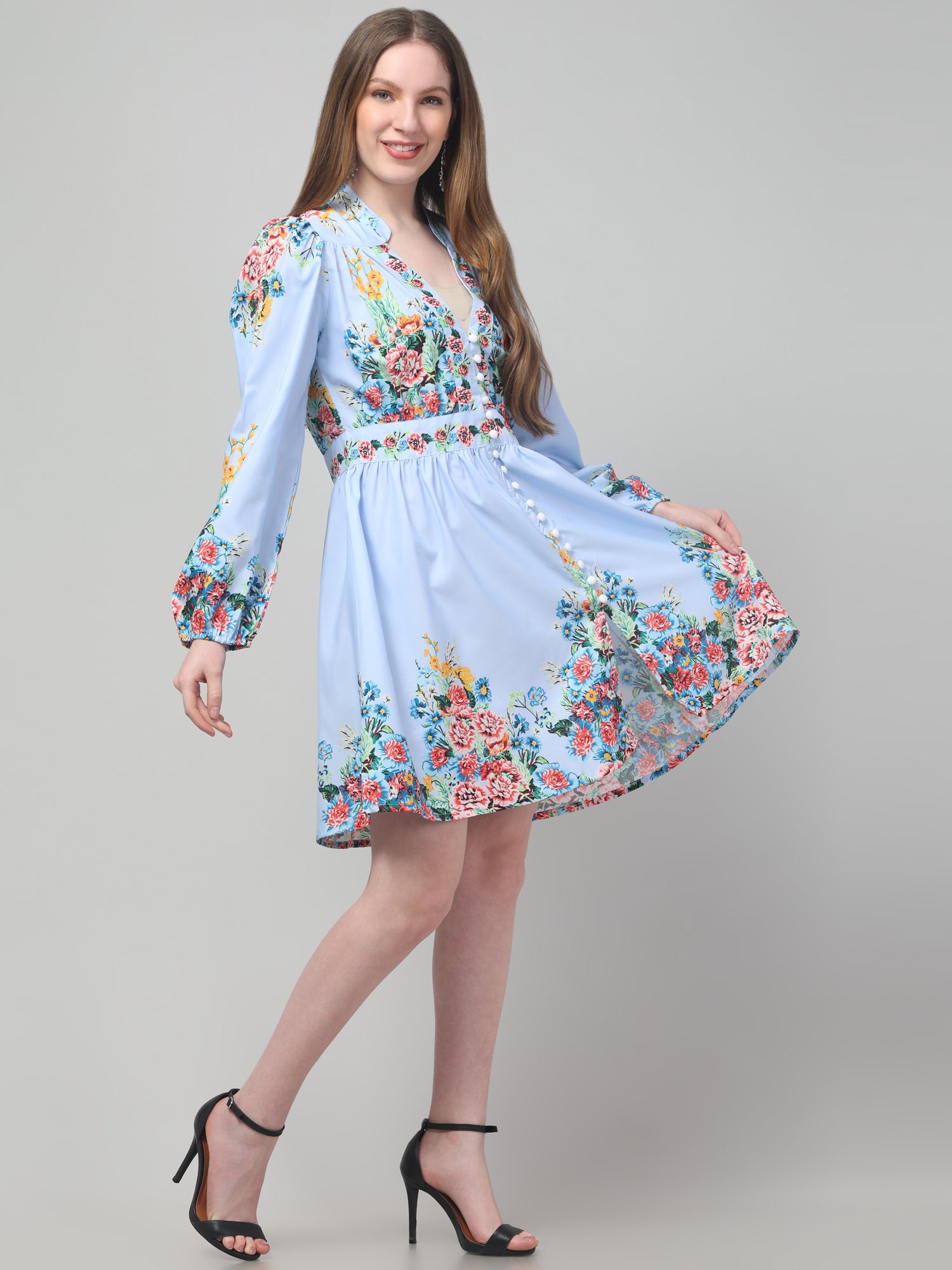 Sky-Blue Floral Dress For Women
