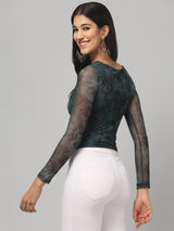 Clobug Women Green Assymetric Neck Top