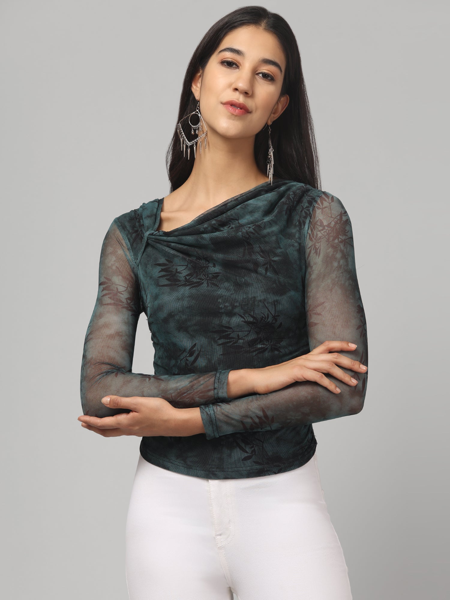 Clobug Women Green Assymetric Neck Top