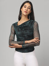 Clobug Women Green Assymetric Neck Top
