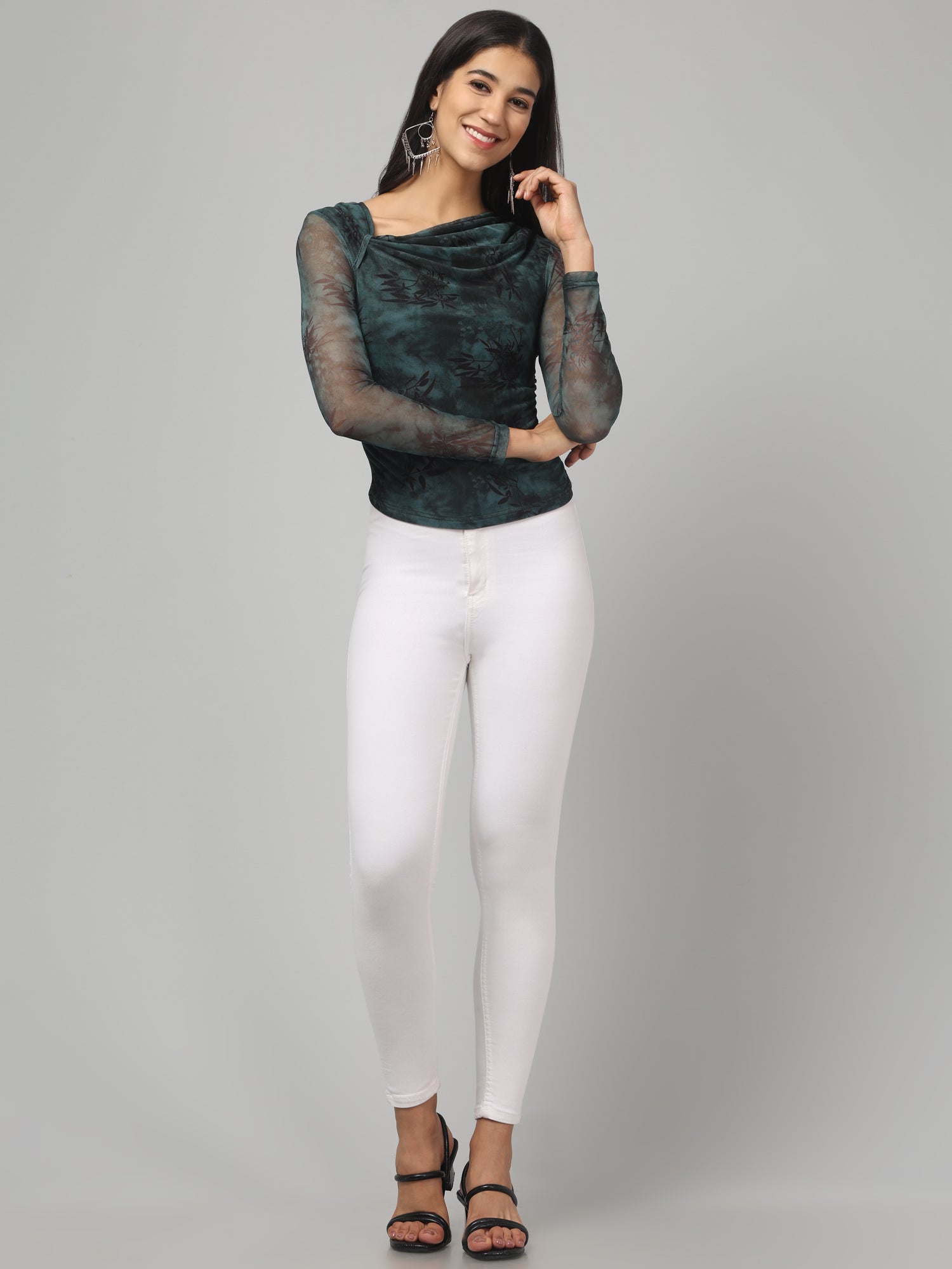 Clobug Women Green Assymetric Neck Top