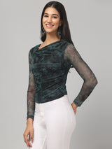 Clobug Women Green Assymetric Neck Top