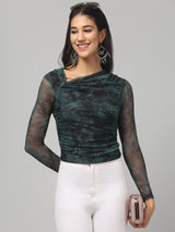 Clobug Women Green Assymetric Neck Top
