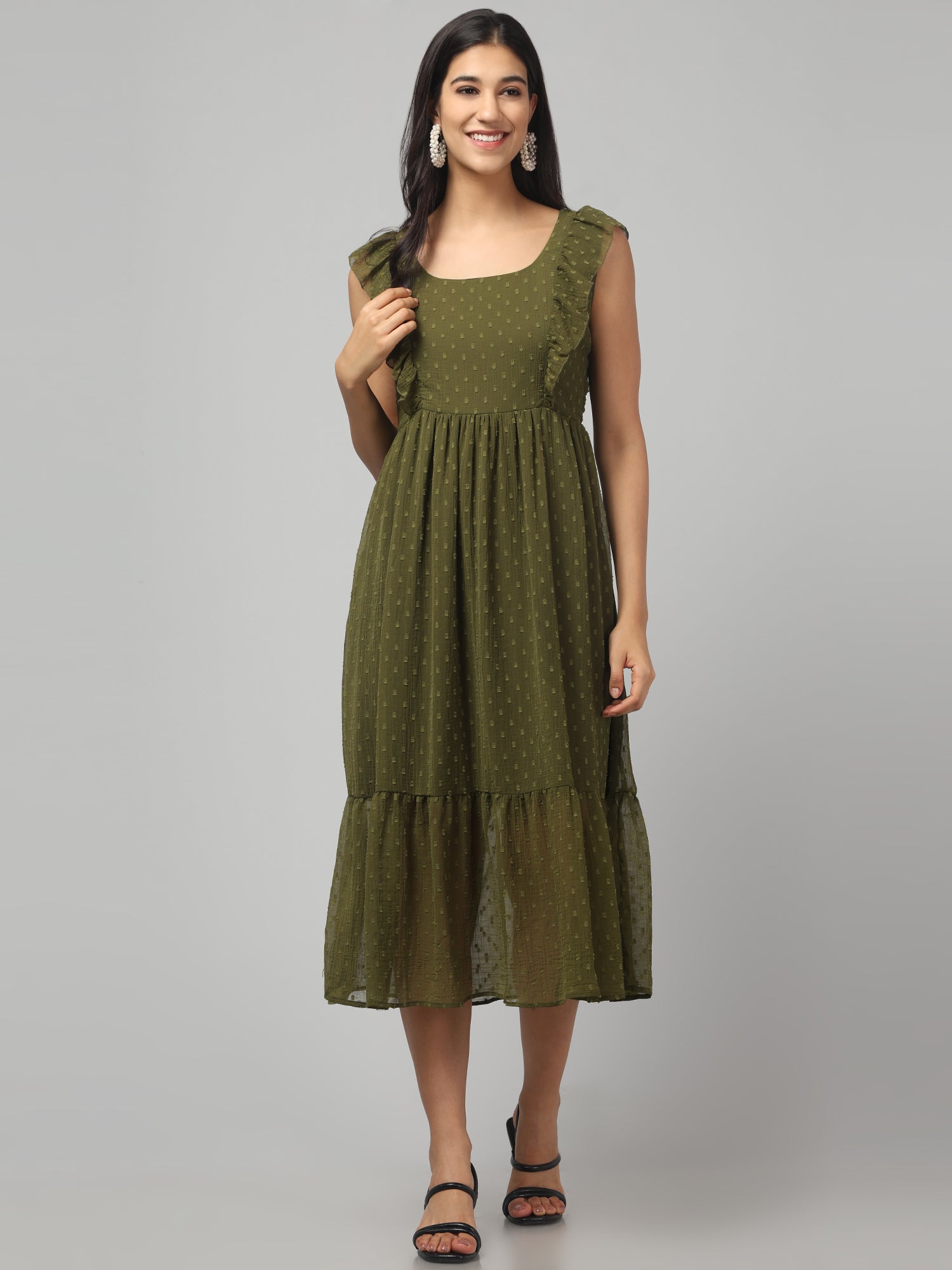Olive Frilly Midi Dress