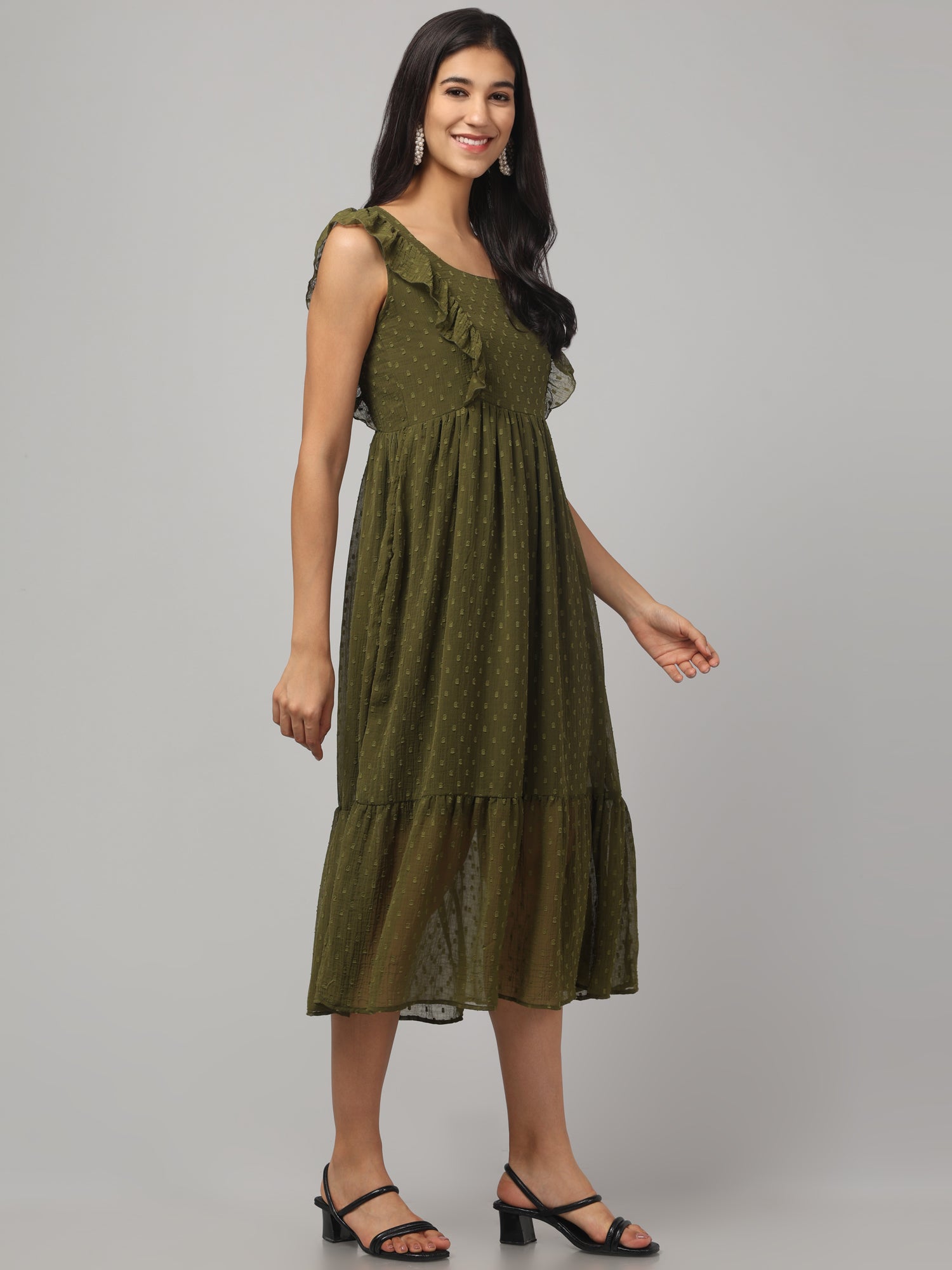 Olive Frilly Midi Dress