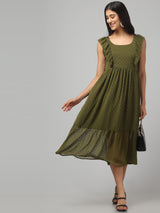 Olive Frilly Midi Dress