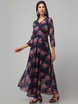 V Neck Multicolor Floral Maxi Dress