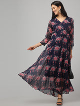 V Neck Multicolor Floral Maxi Dress