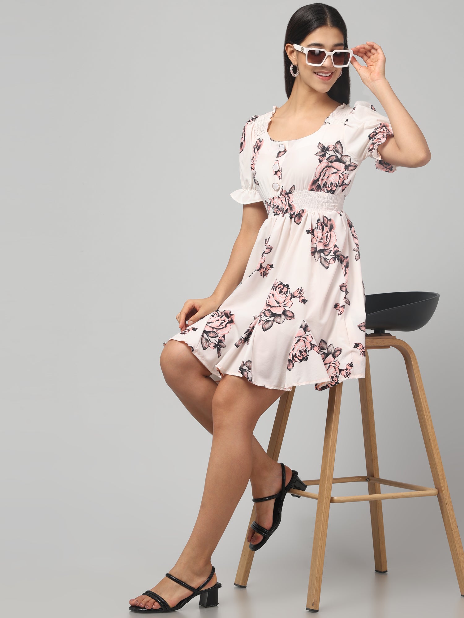 White Floral Design Midi Dress