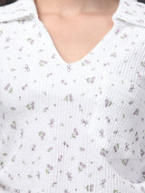 White Cute Print Top For Womens