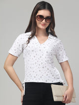 White Cute Print Top For Womens