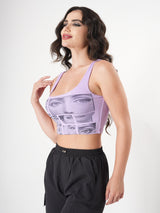 Lavender Printed Sleeveless Fitted Crop Top