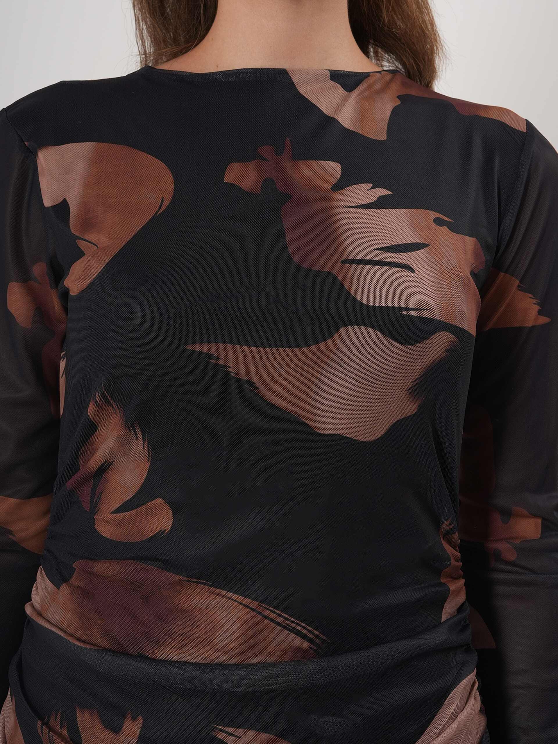 Marble Print Brown Midi Dress with Full Sleeve