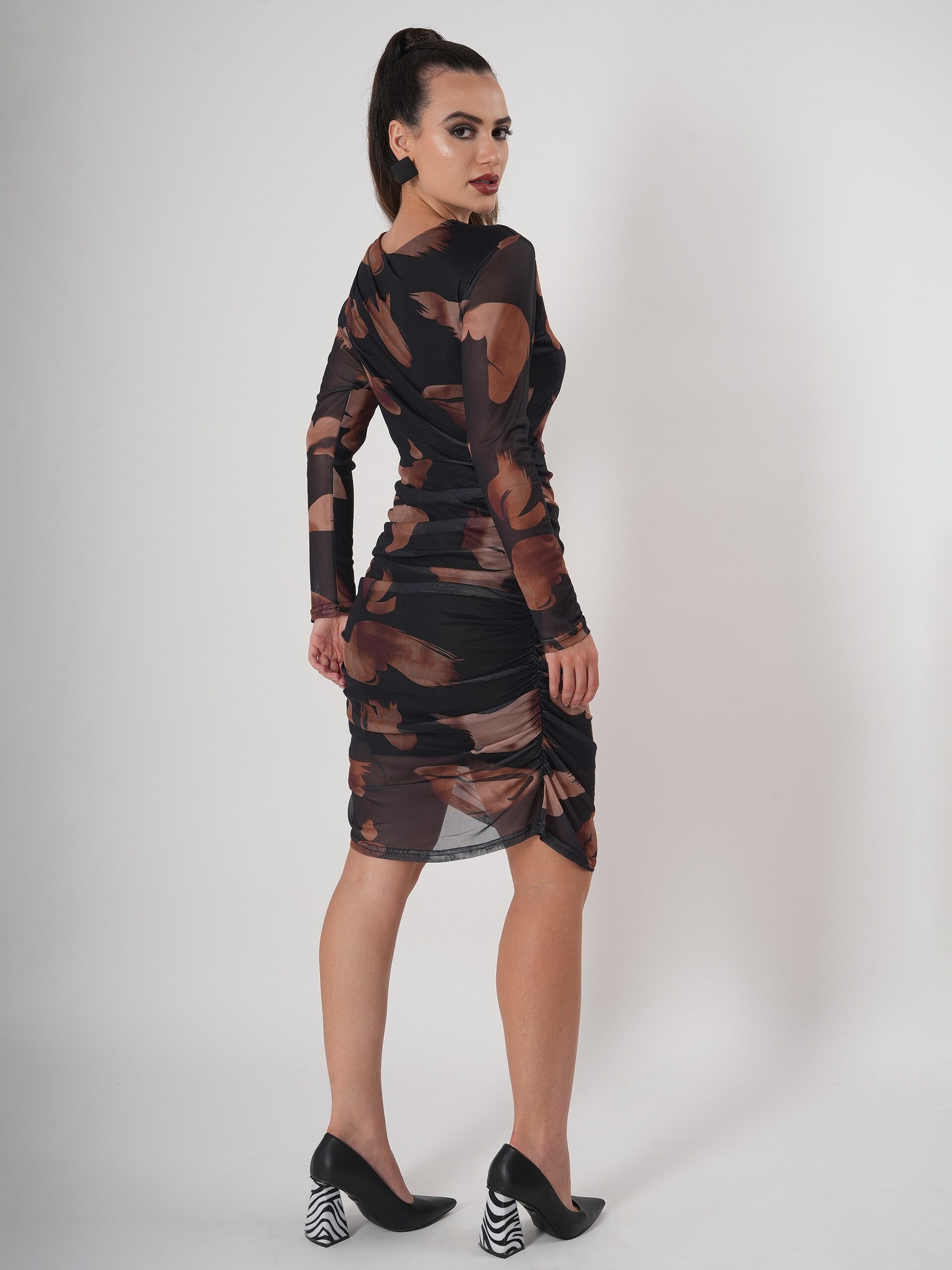 Marble Print Brown Midi Dress with Full Sleeve