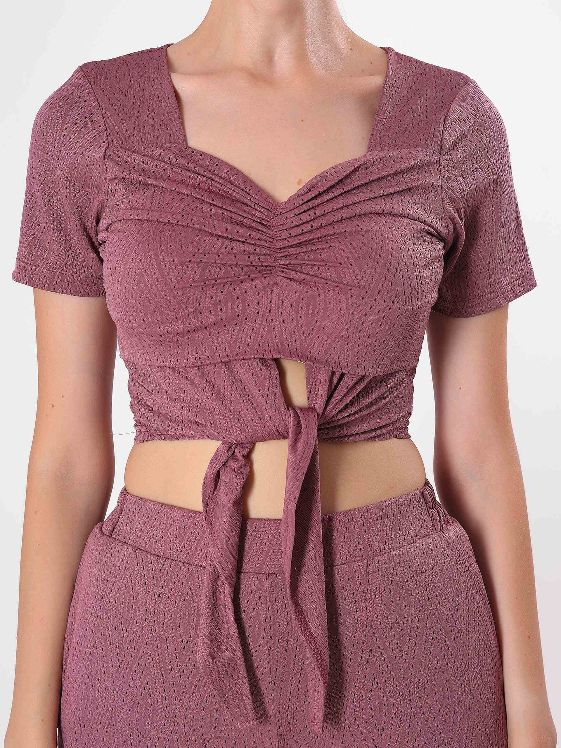 Maroon Crinkle Cord Set with Sweetheart Neck & Half Sleeve
