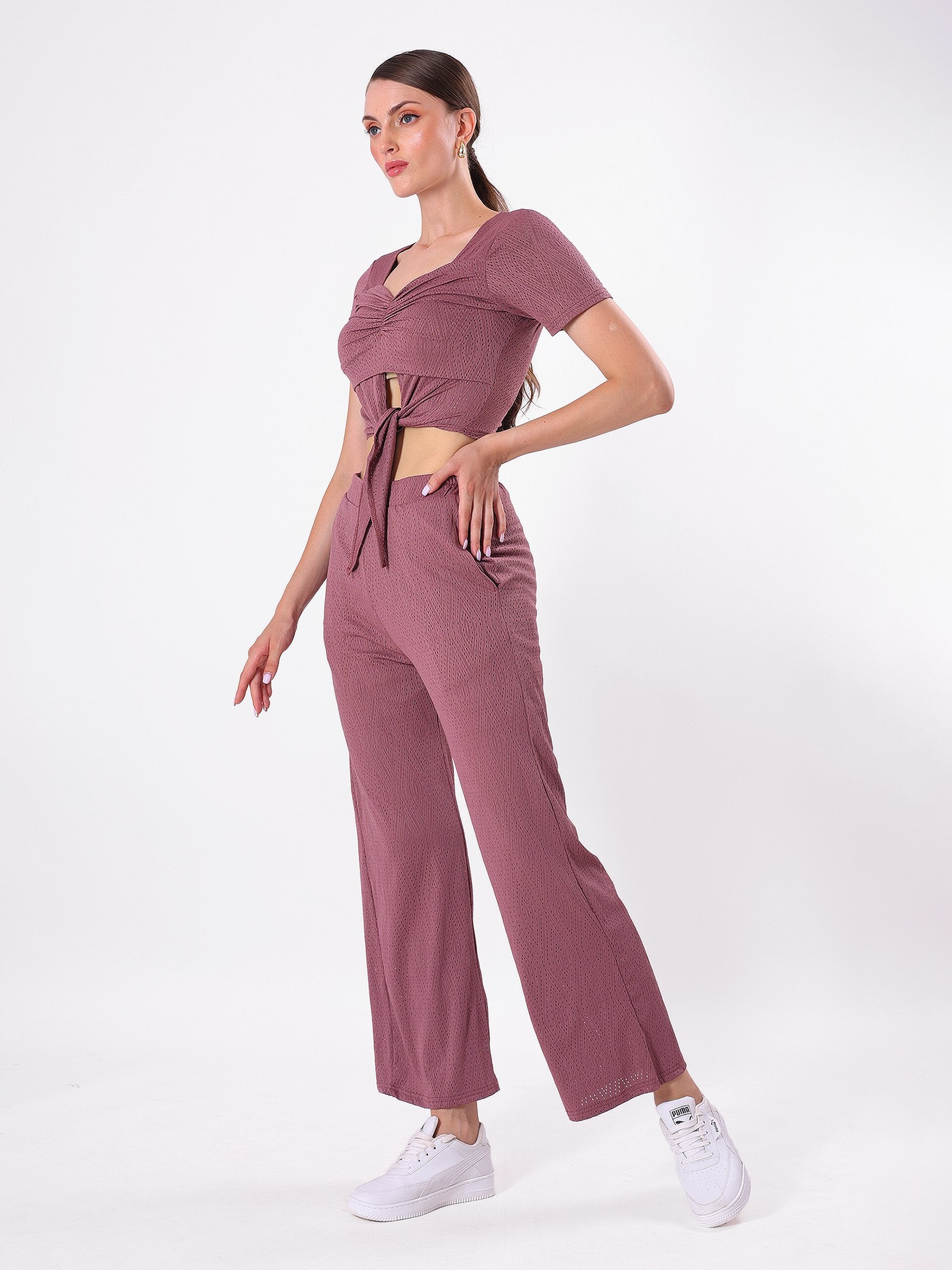 Maroon Crinkle Cord Set with Sweetheart Neck & Half Sleeve