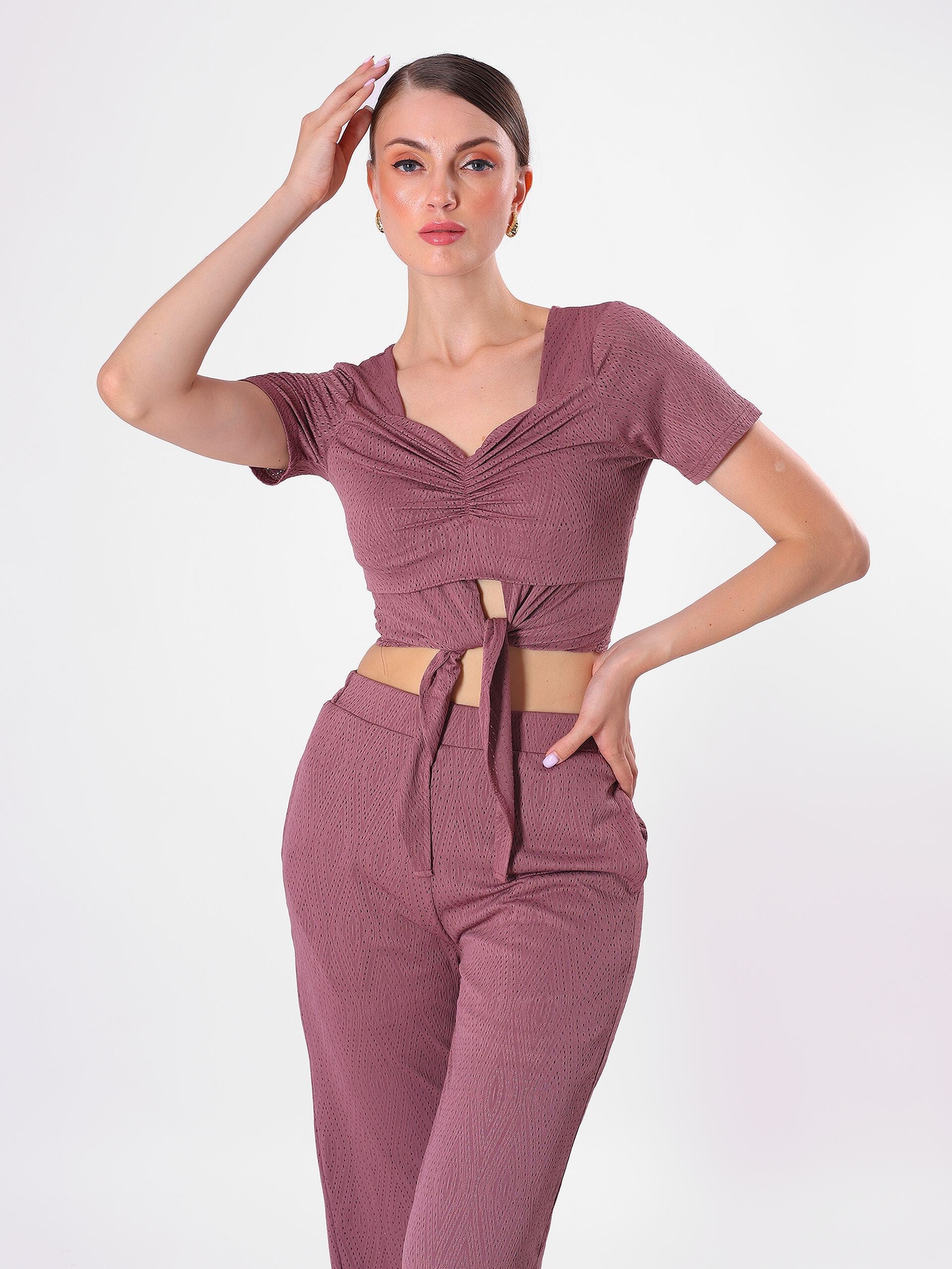 Maroon Crinkle Cord Set with Sweetheart Neck & Half Sleeve