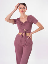 Maroon Crinkle Cord Set with Sweetheart Neck & Half Sleeve
