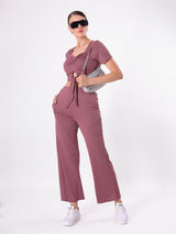 Maroon Crinkle Cord Set with Sweetheart Neck & Half Sleeve