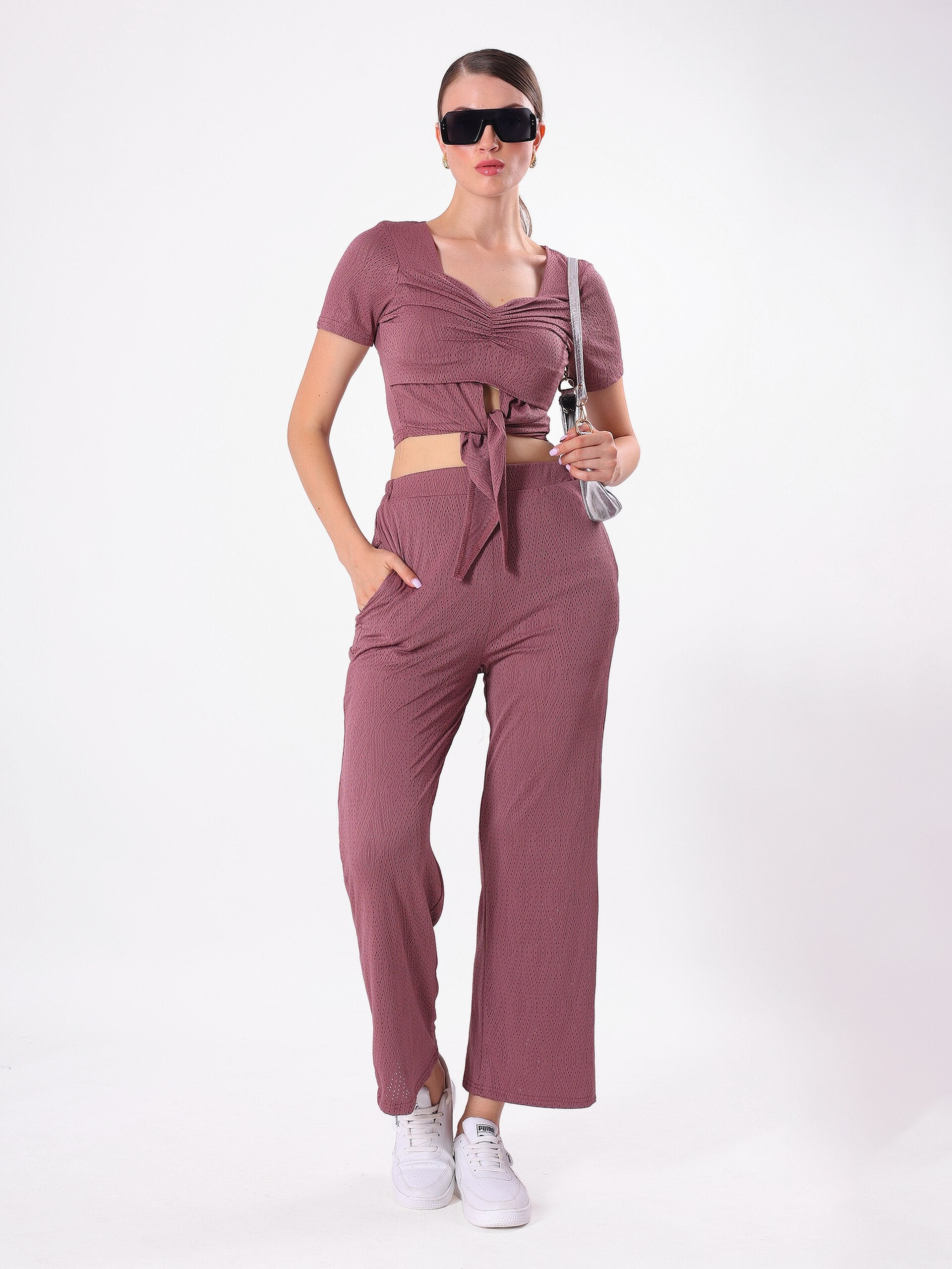 Maroon Crinkle Cord Set with Sweetheart Neck & Half Sleeve