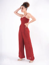 Maroon Spaghetti Strap Waist detail Jumpsuit