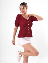 Marooon Textured Top With Puff Sleeve