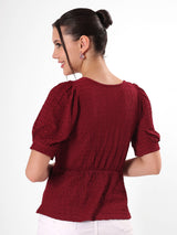 Marooon Textured Top With Puff Sleeve