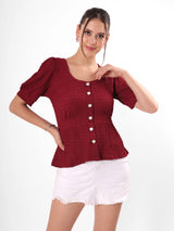 Marooon Textured Top With Puff Sleeve