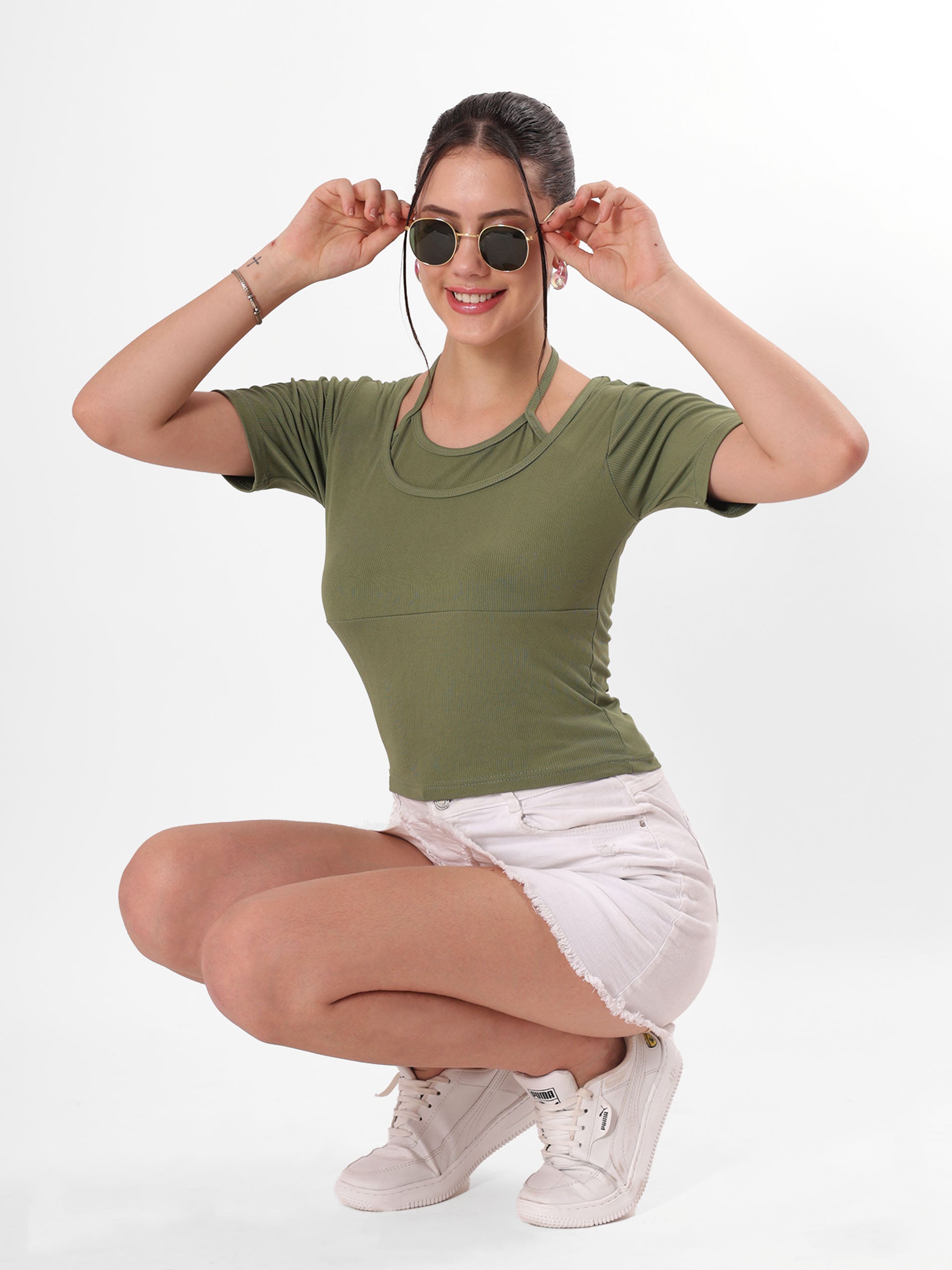 Olive Top With Round Neck & Spaghetti Strap