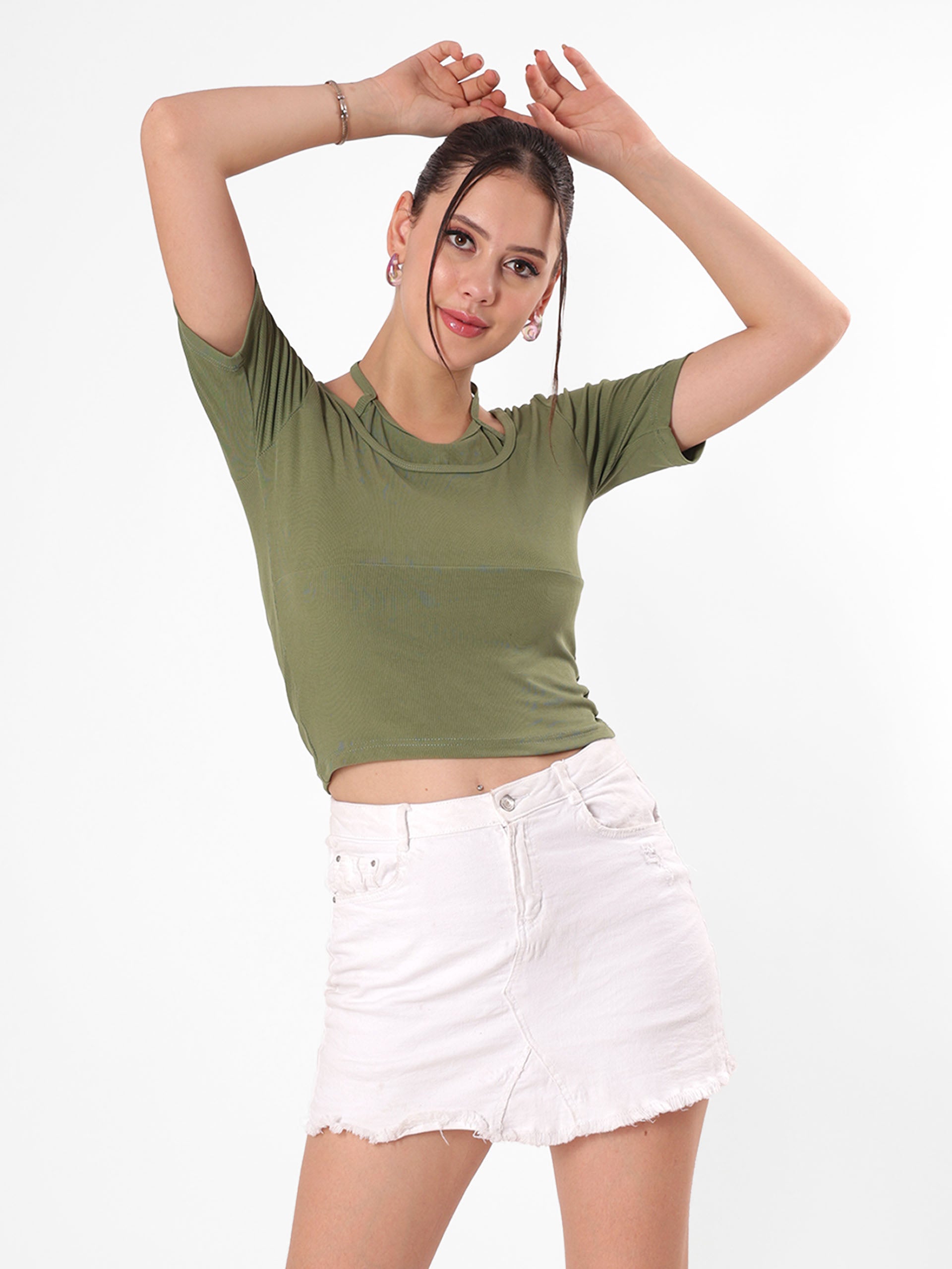 Olive Top With Round Neck & Spaghetti Strap