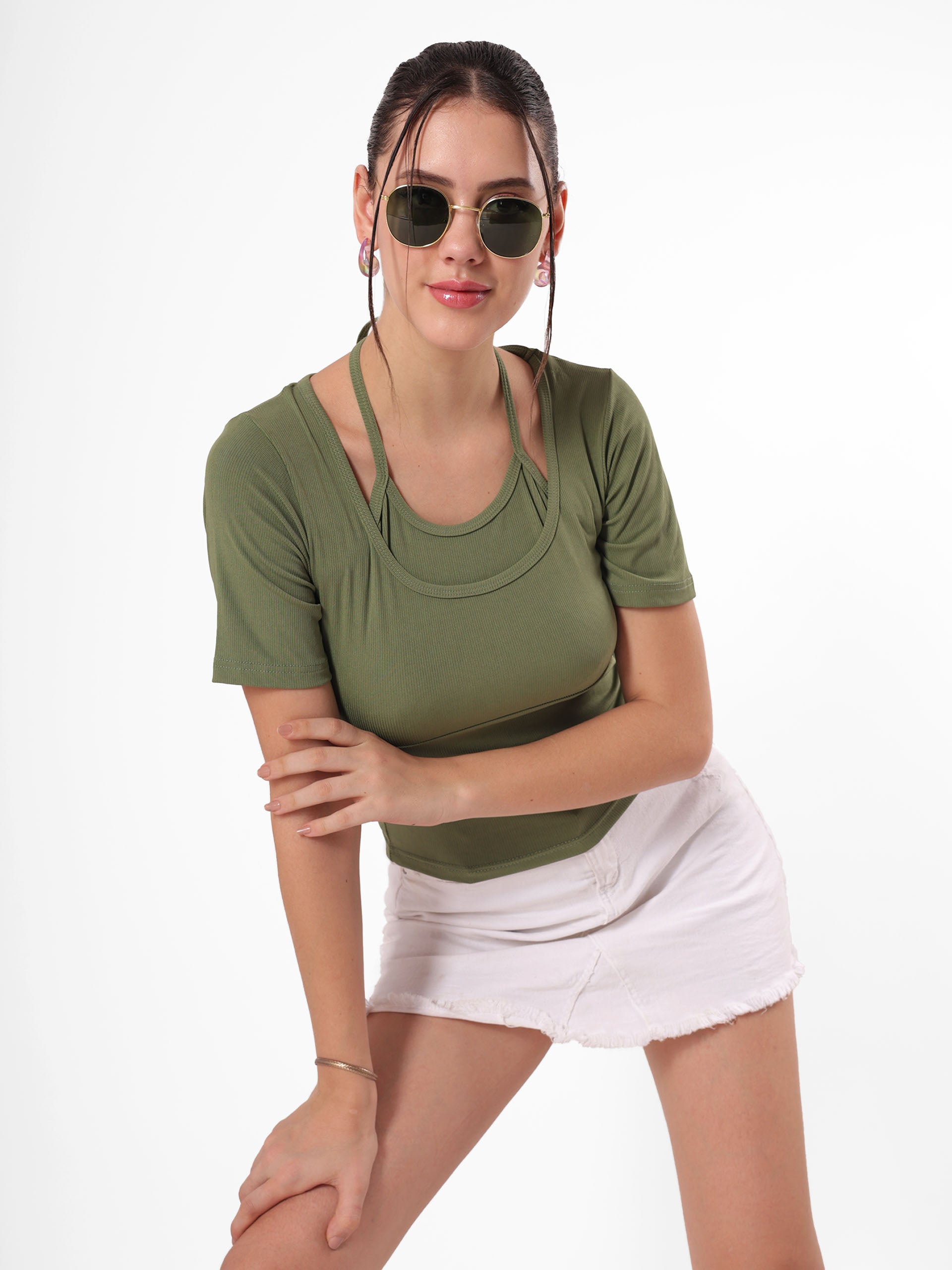 Olive Top With Round Neck & Spaghetti Strap