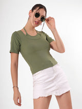 Olive Top With Round Neck & Spaghetti Strap