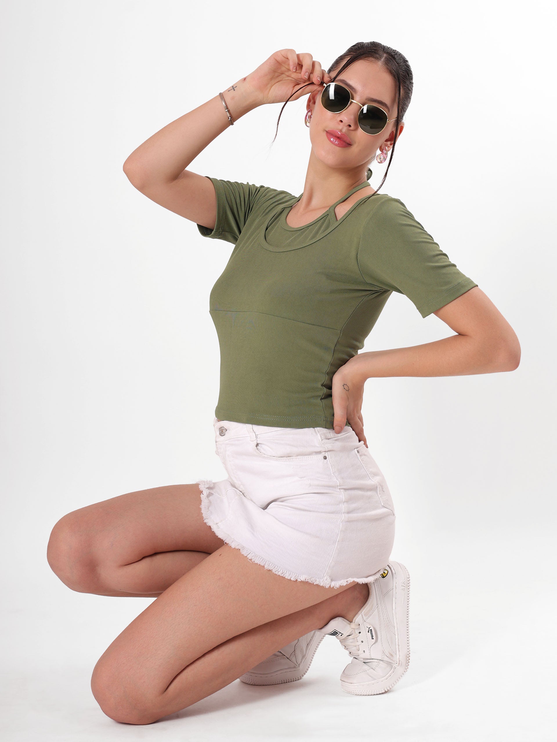 Olive Top With Round Neck & Spaghetti Strap