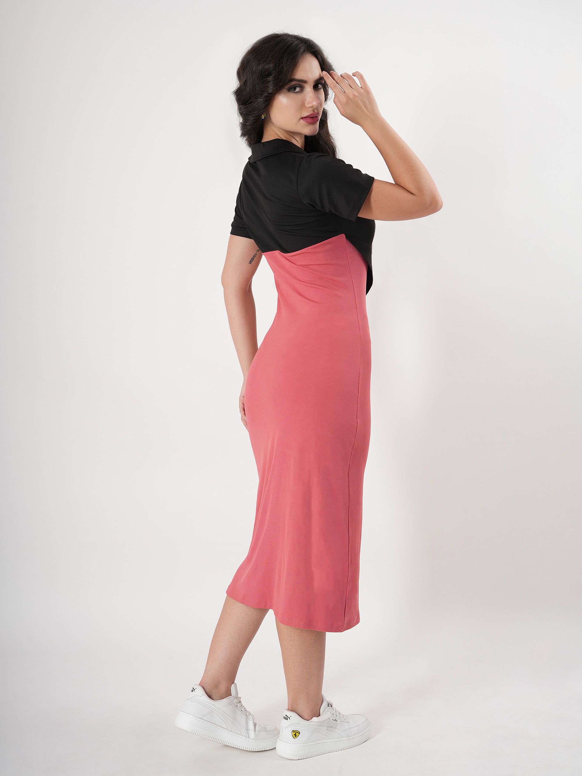 Pink Midi Dress With Side Slit & Half Sleeve