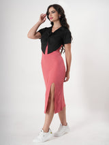 Pink Midi Dress With Side Slit & Half Sleeve