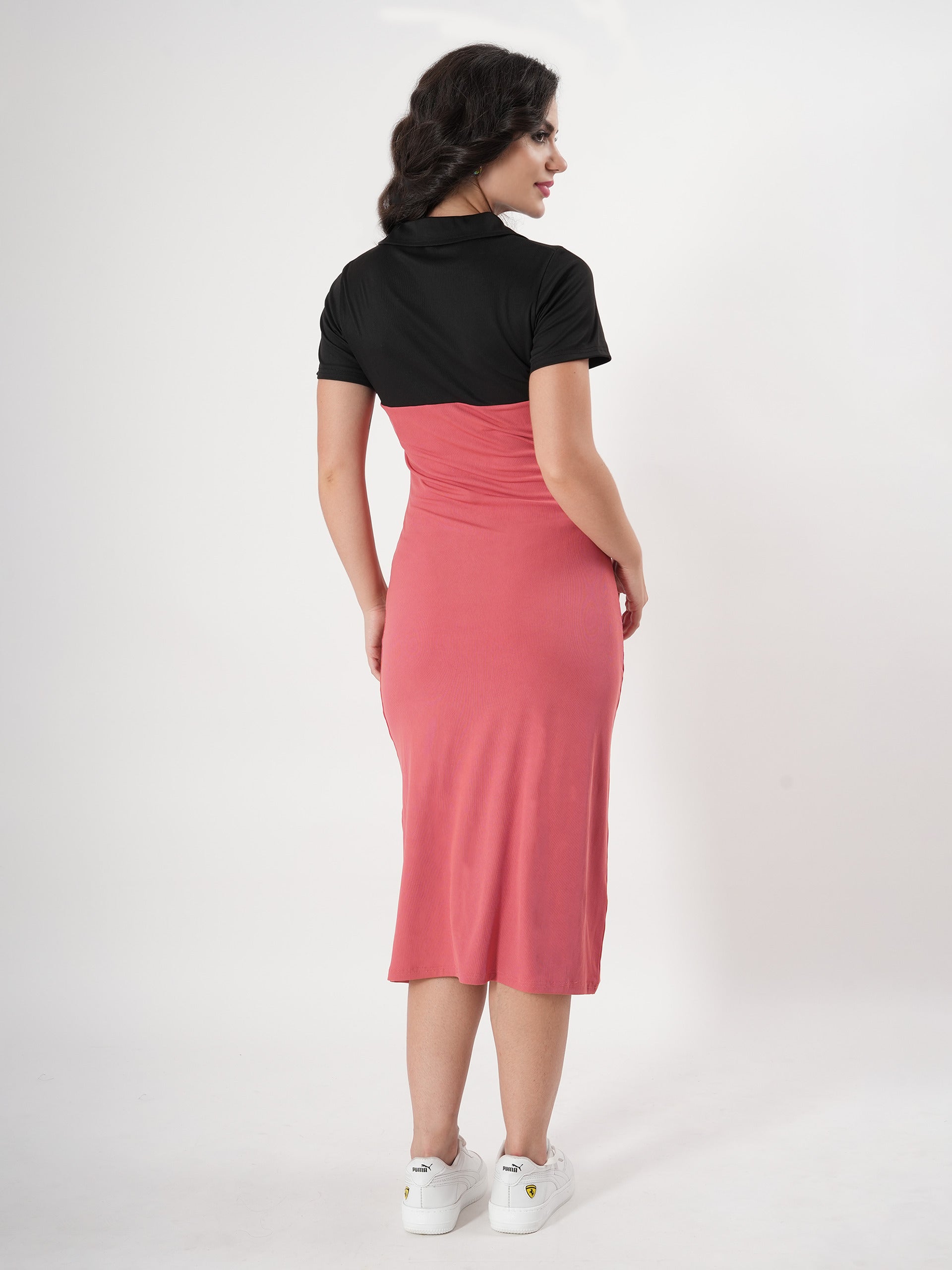 Pink Midi Dress With Side Slit & Half Sleeve
