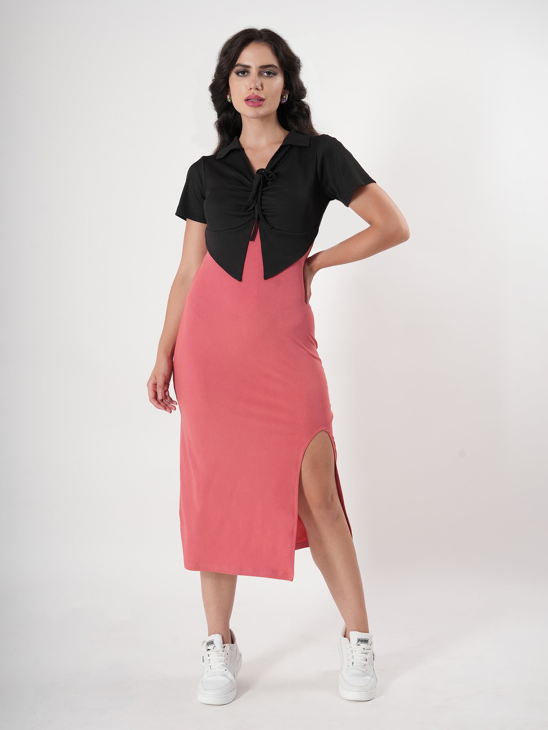 Pink Midi Dress With Side Slit & Half Sleeve