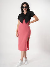 Pink Midi Dress With Side Slit & Half Sleeve
