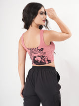 Pink Printed Sleeveless Fitted Crop Top