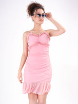 Pink Sweetheart Neck Frilly Midi Dress