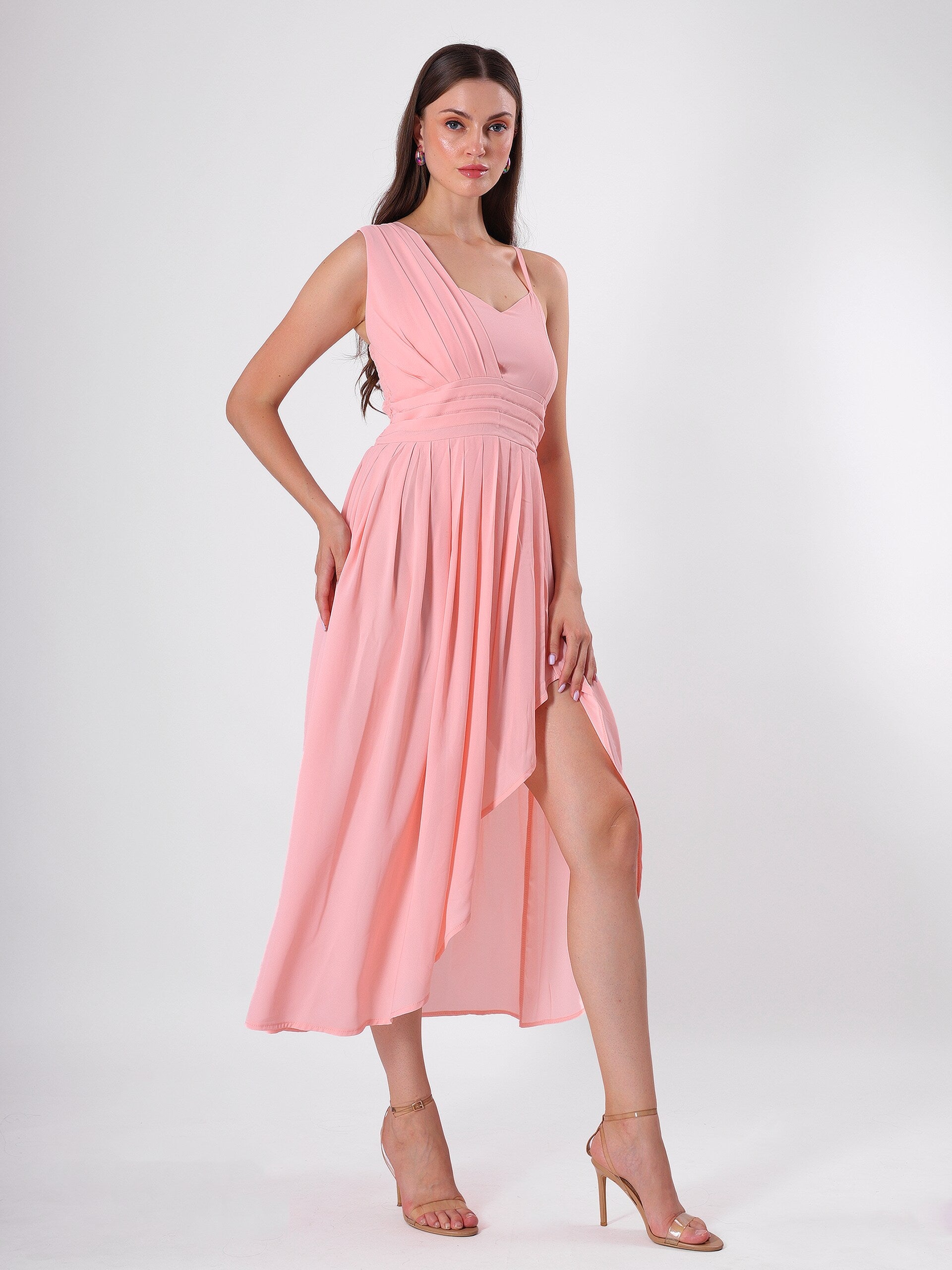 Pleated Shoulder Flared Midi Dress